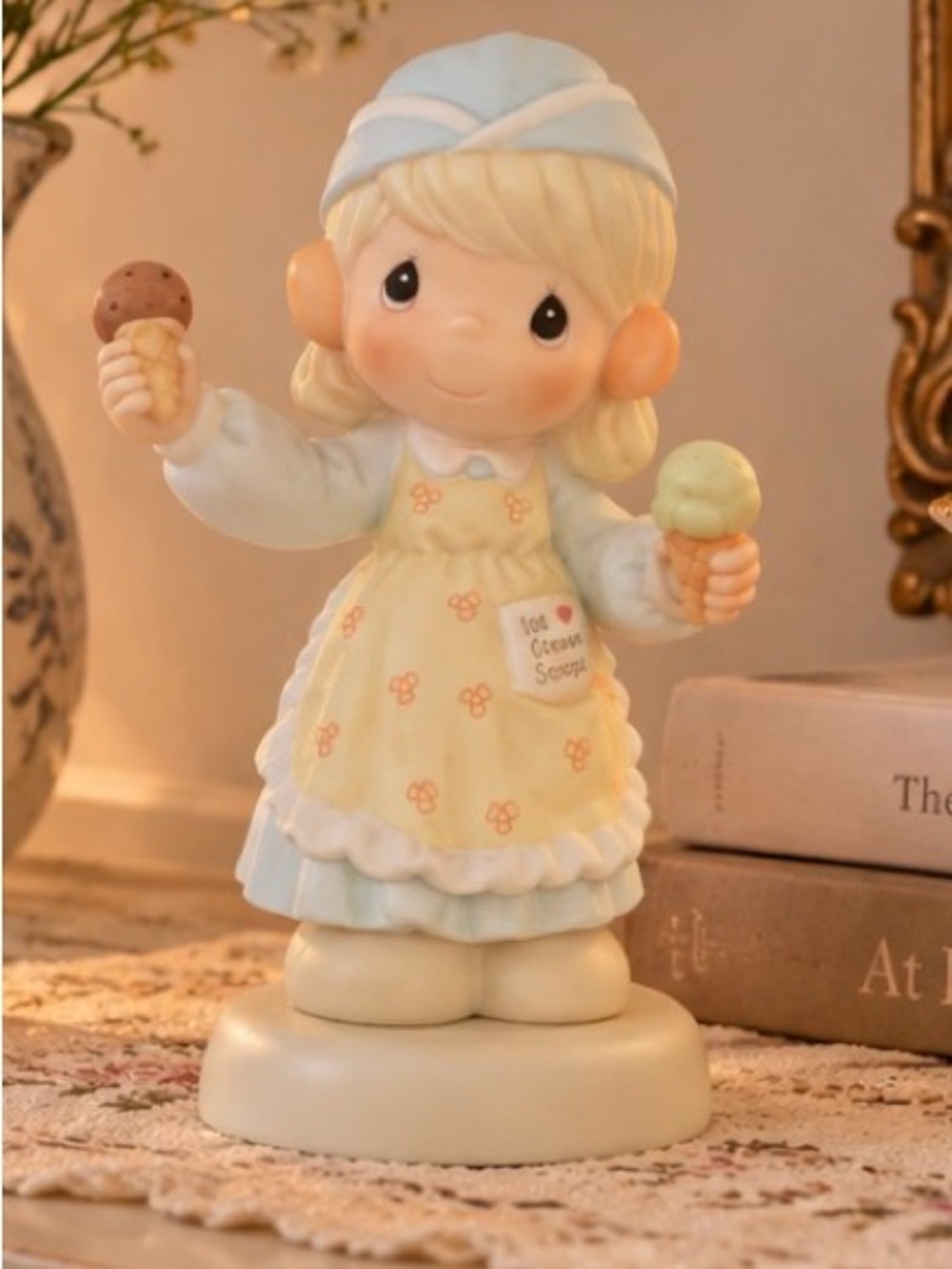Precious Moments Ice Cream Girl Figurine - Cream, Pastel Yellow, Light Blue